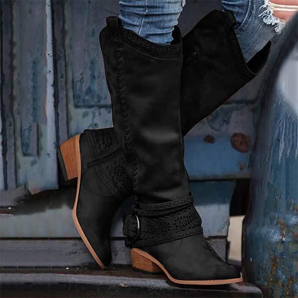 Ashford | Aisling – Women’s Tall Boots with Embroidered Shaft & Buckle Strap – Suede-Like Finish