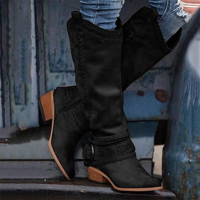Ashford | Aisling – Women’s Tall Boots with Embroidered Shaft & Buckle Strap – Suede-Like Finish