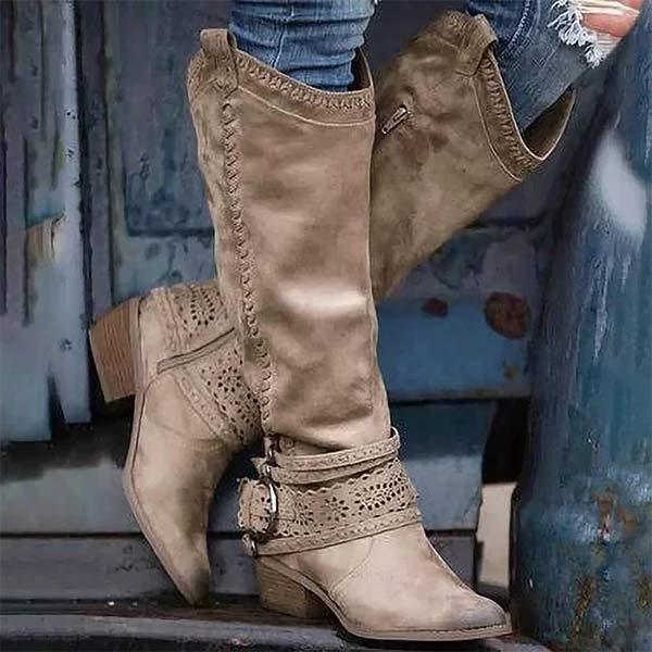 Ashford | Aisling – Women’s Tall Boots with Embroidered Shaft & Buckle Strap – Suede-Like Finish