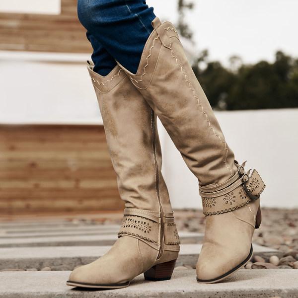 Ashford | Aisling – Women’s Tall Boots with Embroidered Shaft & Buckle Strap – Suede-Like Finish