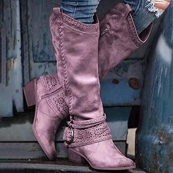 Ashford | Aisling – Women’s Tall Boots with Embroidered Shaft & Buckle Strap – Suede-Like Finish