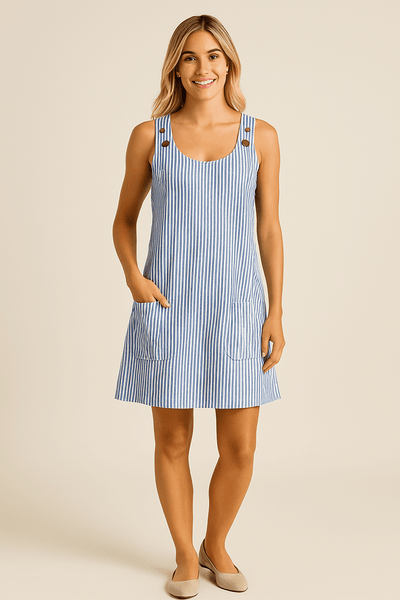 Ashford | Brianna Sleeveless Cotton Style Summer Dress with Pockets – Nautical Striped Design - Ashford London Clothing
