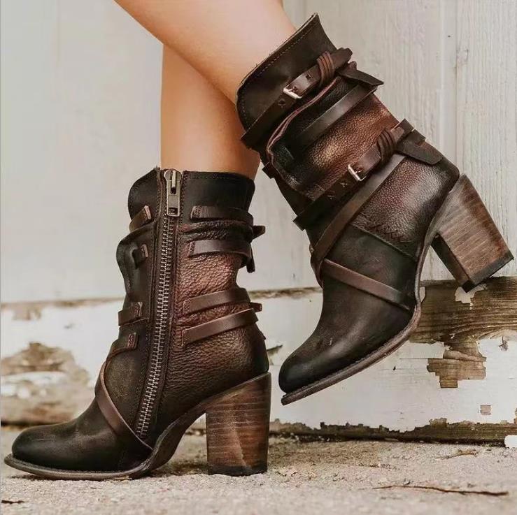 Ashford | Brienna – Women’s Distressed Leather Ankle Boots with Buckles & Chunky Heel