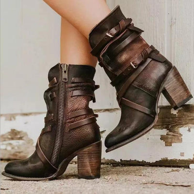 Ashford | Brienna – Women’s Distressed Leather Ankle Boots with Buckles & Chunky Heel