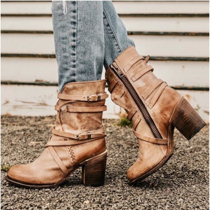 Ashford | Brienna – Women’s Distressed Leather Ankle Boots with Buckles & Chunky Heel
