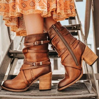 Ashford | Brienna – Women’s Distressed Leather Ankle Boots with Buckles & Chunky Heel