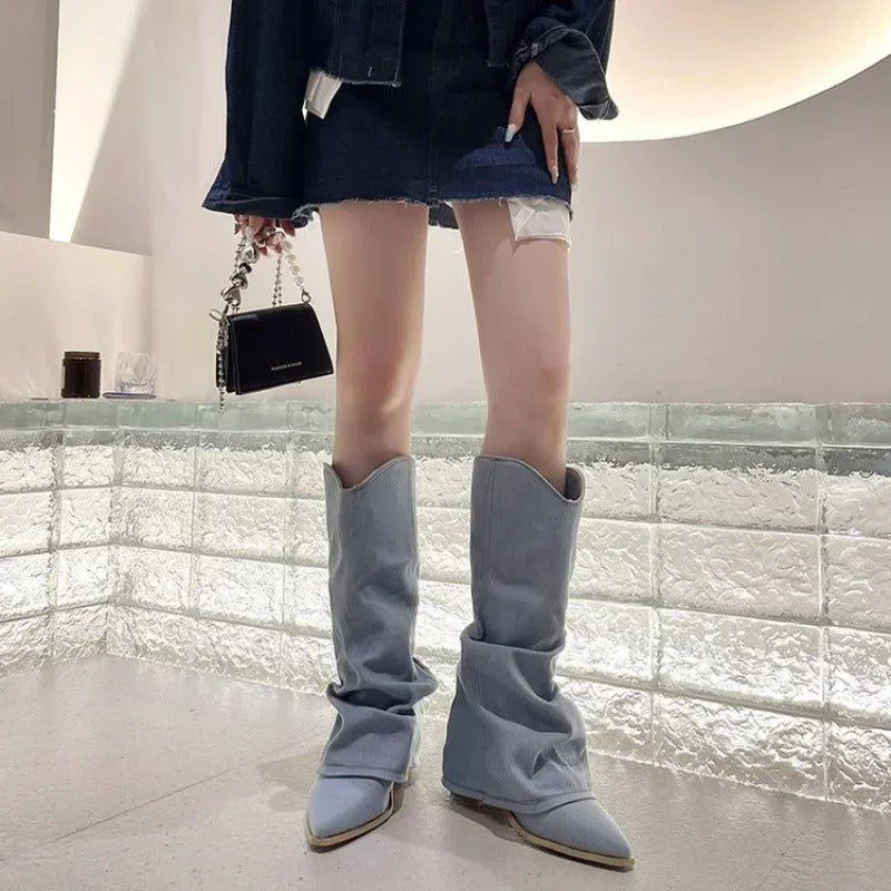 Ashford | Dakota – Women’s Knee-High Denim Cowboy Boots with Western Stitching