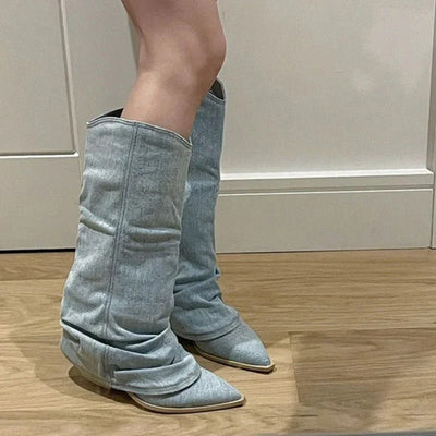 Ashford | Dakota – Women’s Knee-High Denim Cowboy Boots with Western Stitching