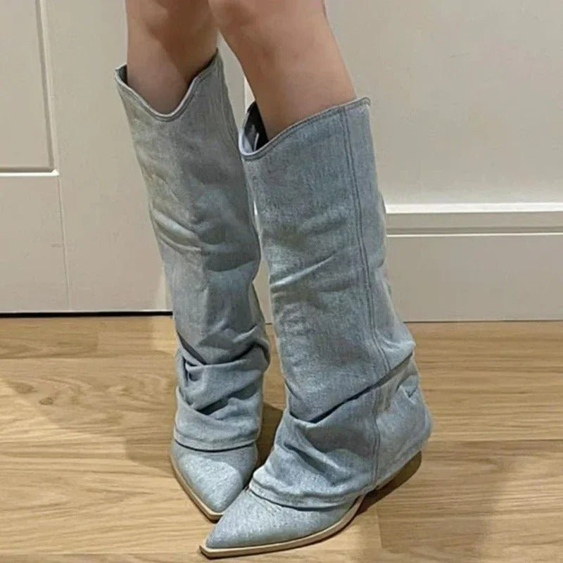 Ashford | Dakota – Women’s Knee-High Denim Cowboy Boots with Western Stitching