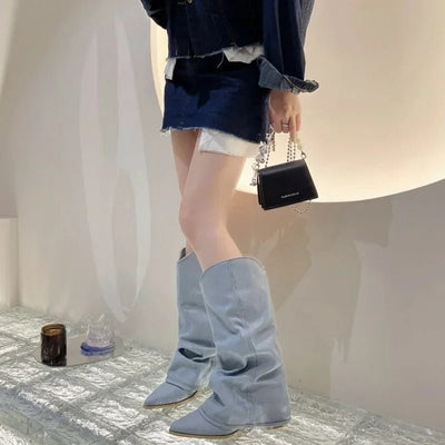Ashford | Dakota – Women’s Knee-High Denim Cowboy Boots with Western Stitching