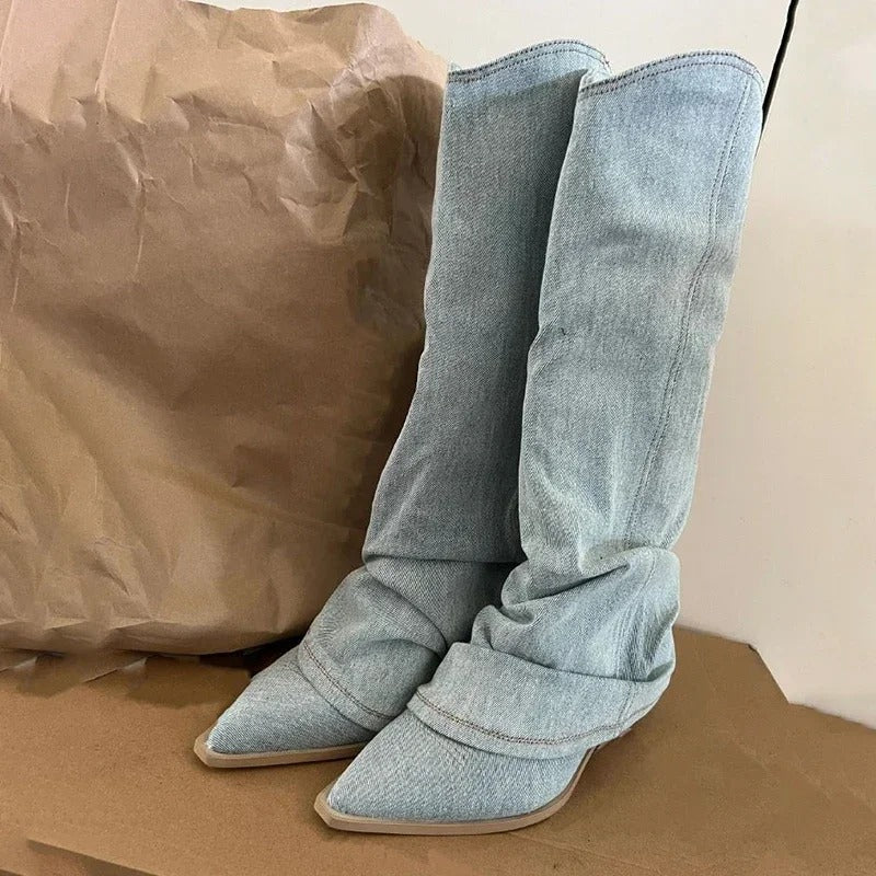 Ashford | Dakota – Women’s Knee-High Denim Cowboy Boots with Western Stitching