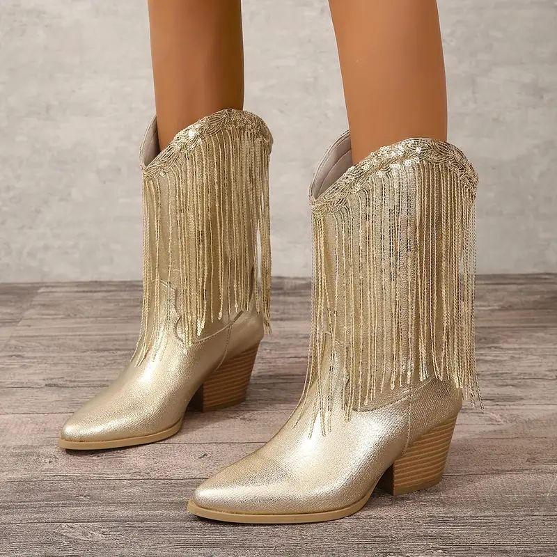 Ashford | Delilah – Women’s Mid-Calf Boots with Fringe, Sequins & Chunky Heel
