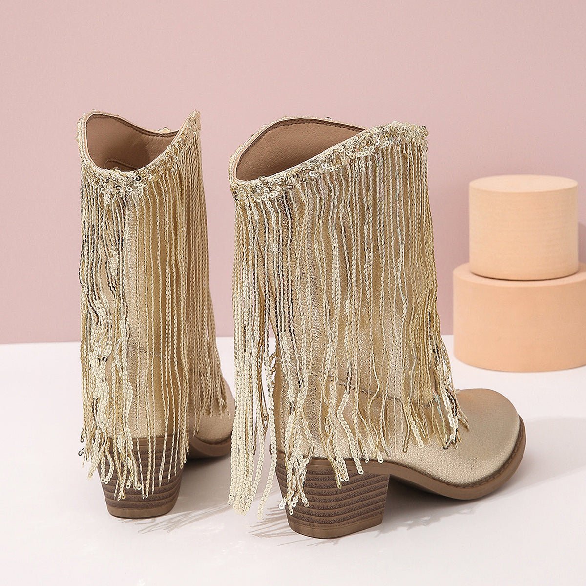 Ashford | Delilah – Women’s Mid-Calf Boots with Fringe, Sequins & Chunky Heel