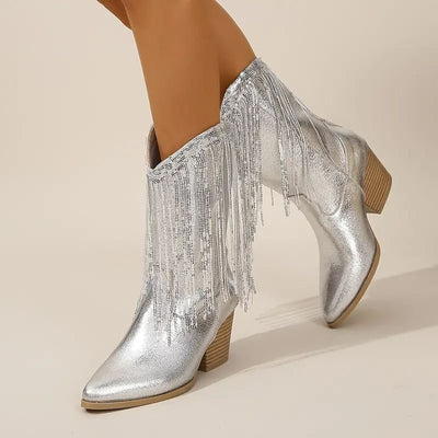 Ashford | Delilah – Women’s Mid-Calf Boots with Fringe, Sequins & Chunky Heel