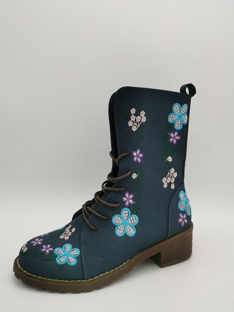 Ashford | Elanora – Women’s Mid-Calf PU Leather Boots with Floral Embroidery & Zip