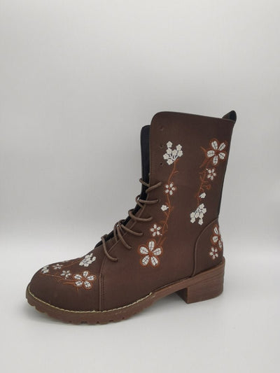 Ashford | Elanora – Women’s Mid-Calf PU Leather Boots with Floral Embroidery & Zip