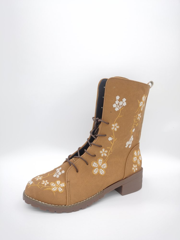 Ashford | Elanora – Women’s Mid-Calf PU Leather Boots with Floral Embroidery & Zip