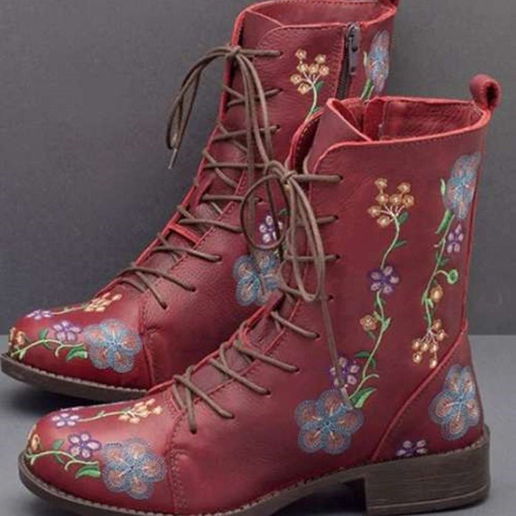 Ashford | Elanora – Women’s Mid-Calf PU Leather Boots with Floral Embroidery & Zip