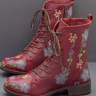 Ashford | Elanora – Women’s Mid-Calf PU Leather Boots with Floral Embroidery & Zip