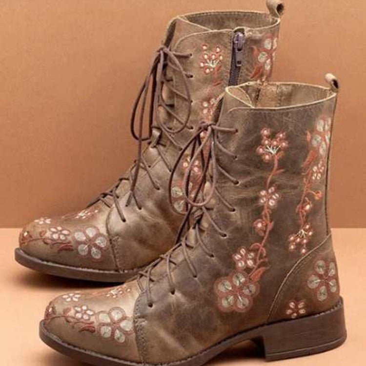 Ashford | Elanora – Women’s Mid-Calf PU Leather Boots with Floral Embroidery & Zip