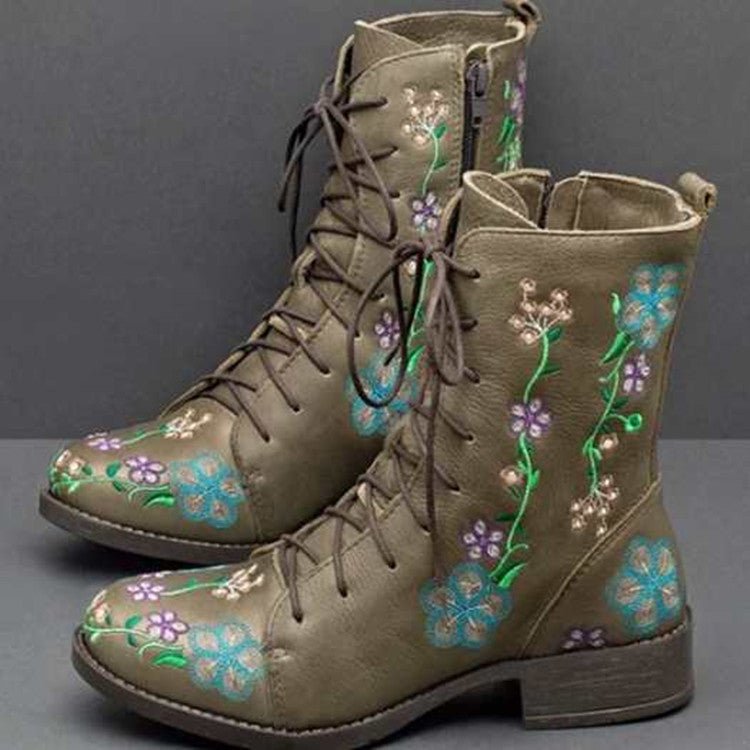 Ashford | Elanora – Women’s Mid-Calf PU Leather Boots with Floral Embroidery & Zip