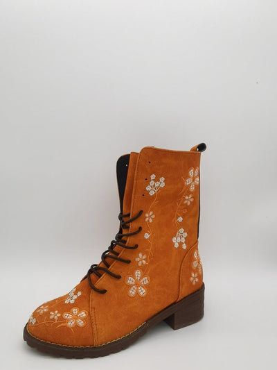 Ashford | Elanora – Women’s Mid-Calf PU Leather Boots with Floral Embroidery & Zip