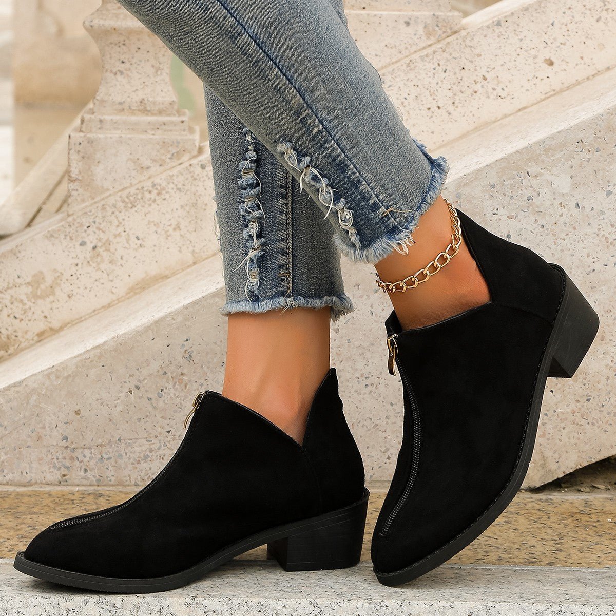 Ashford | Elira – Women’s Suede Ankle Boots with Pointed Toe, Block Heel & Zip