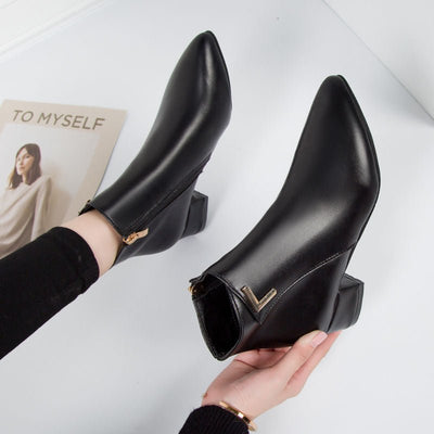 Ashford | Elise – Women’s Sleek Leather Ankle Boots with Pointed Toe & Block Heel