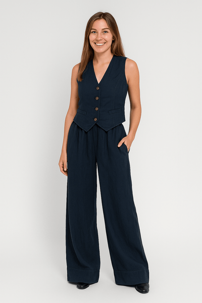 Ashford | Emely Sleeveless Linen Style Vest & Wide Trousers Set (Cotton) - Ashford London Clothing