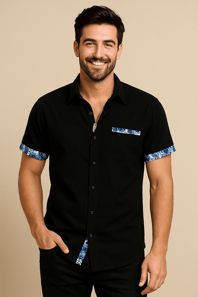 ASHFORD | Floral Trim Breathable Linen Style Short - Sleeve Shirt - Ashford London Clothing