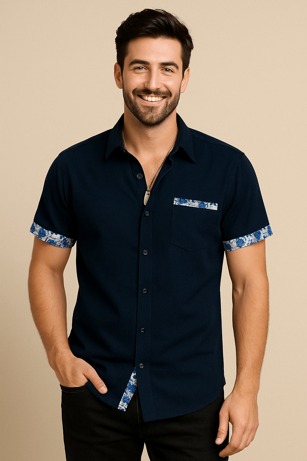 ASHFORD | Floral Trim Breathable Linen Style Short - Sleeve Shirt - Ashford London Clothing
