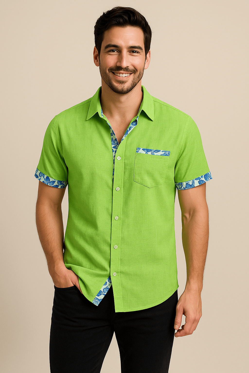 ASHFORD | Floral Trim Breathable Linen Style Short - Sleeve Shirt - Ashford London Clothing
