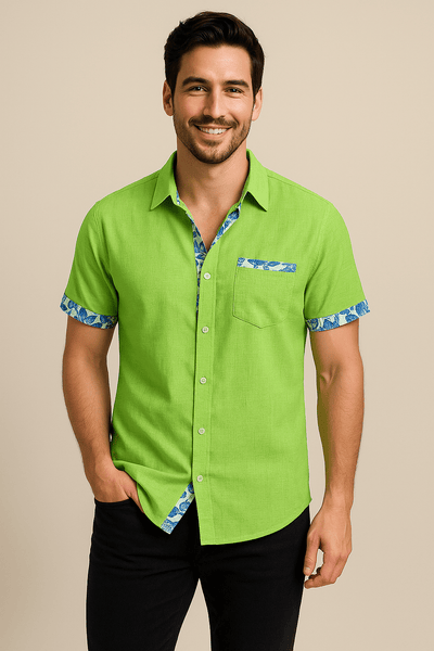 ASHFORD | Floral Trim Breathable Linen Style Short - Sleeve Shirt - Ashford London Clothing