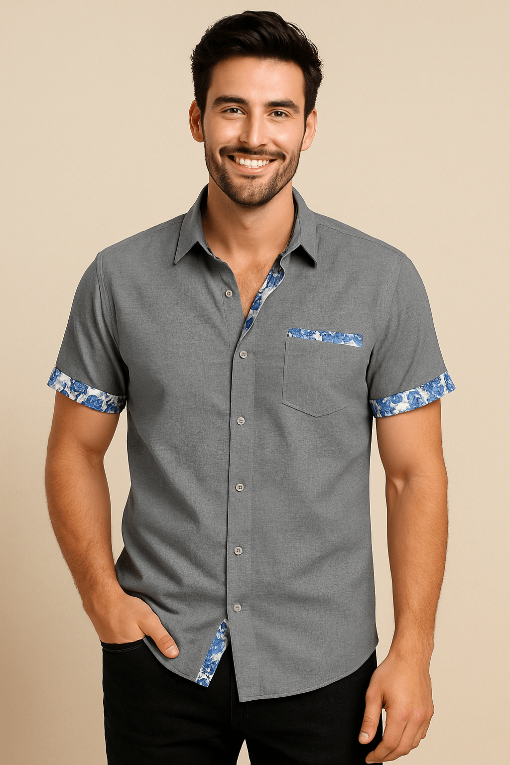 ASHFORD | Floral Trim Breathable Linen Style Short - Sleeve Shirt - Ashford London Clothing