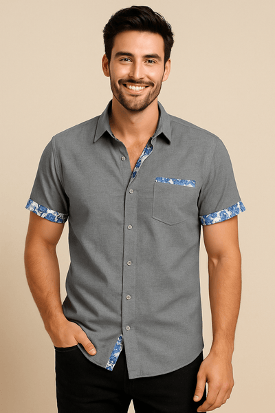 ASHFORD | Floral Trim Breathable Linen Style Short - Sleeve Shirt - Ashford London Clothing