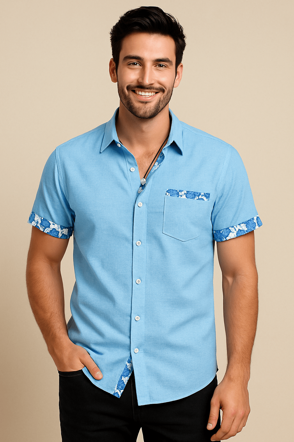 ASHFORD | Floral Trim Breathable Linen Style Short - Sleeve Shirt - Ashford London Clothing