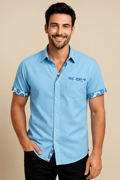ASHFORD | Floral Trim Breathable Linen Style Short - Sleeve Shirt - Ashford London Clothing