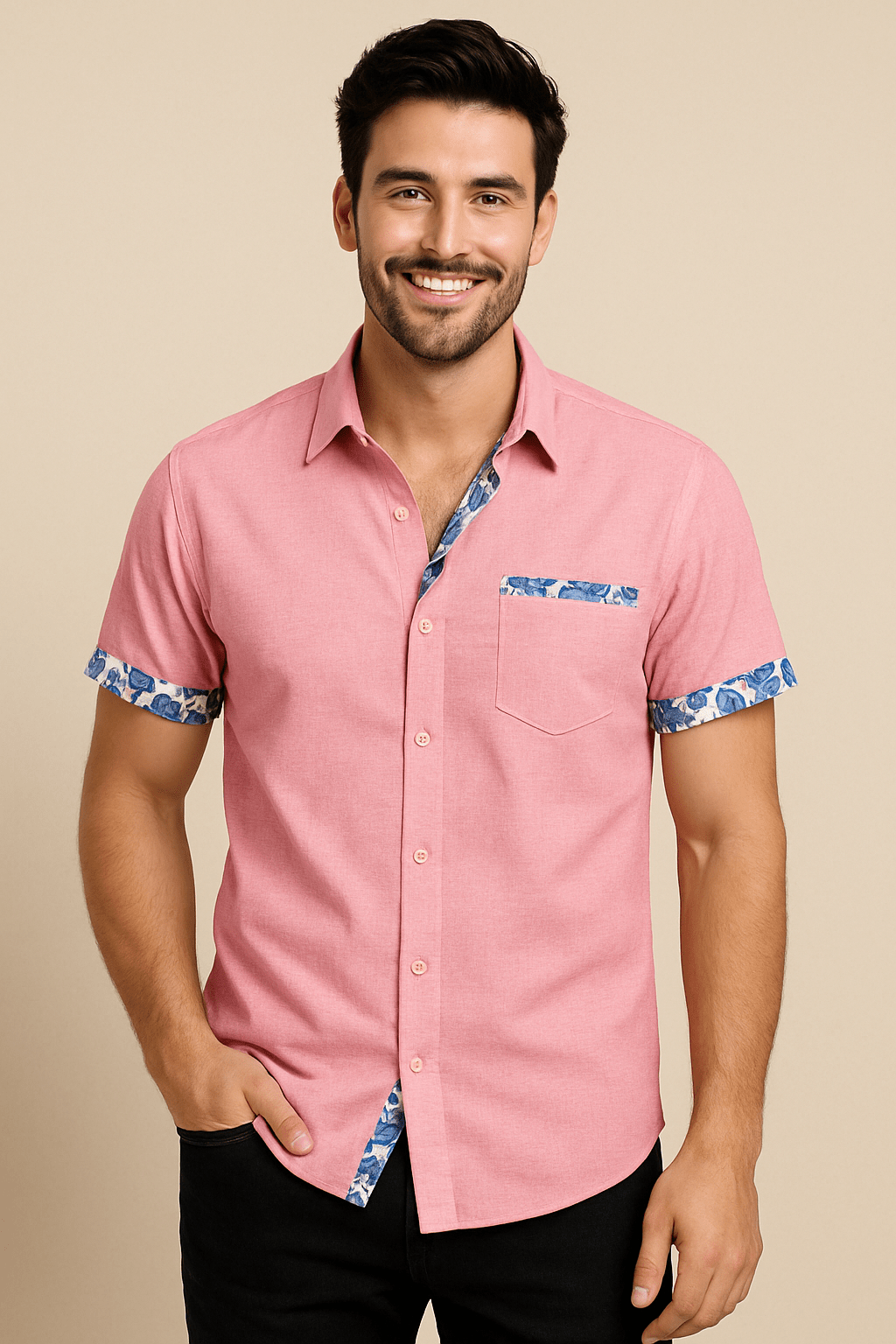 ASHFORD | Floral Trim Breathable Linen Style Short - Sleeve Shirt - Ashford London Clothing