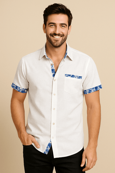 ASHFORD | Floral Trim Breathable Linen Style Short - Sleeve Shirt - Ashford London Clothing
