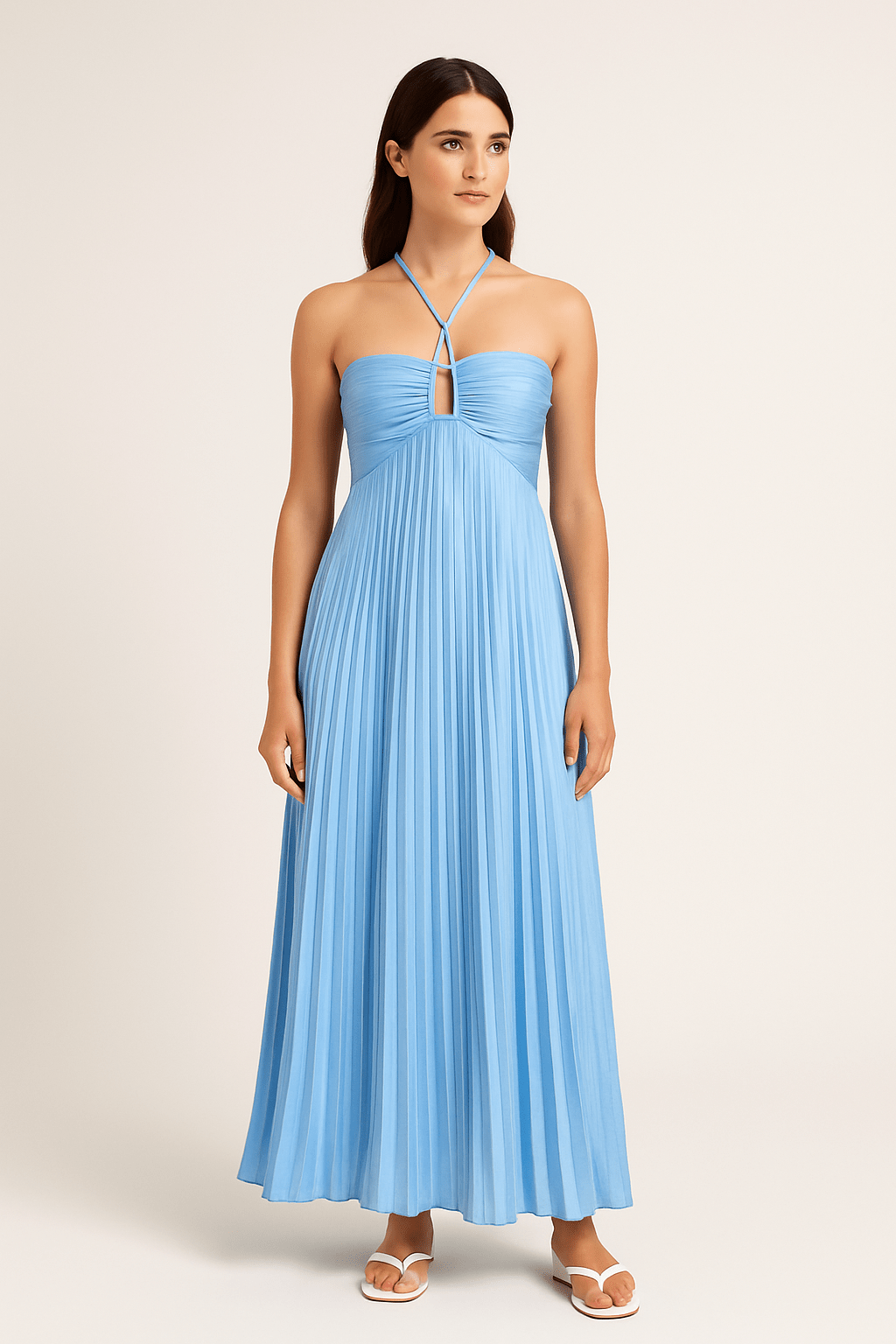 Ashford | Halter Neck Maxi Dress – Pleated Skirt and Bust Cut - Out for Women - Ashford London Clothing