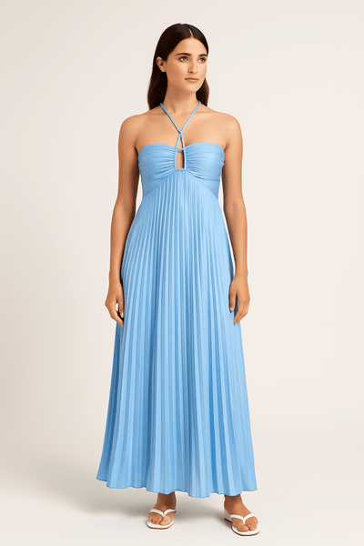 Ashford | Halter Neck Maxi Dress – Pleated Skirt and Bust Cut - Out for Women - Ashford London Clothing