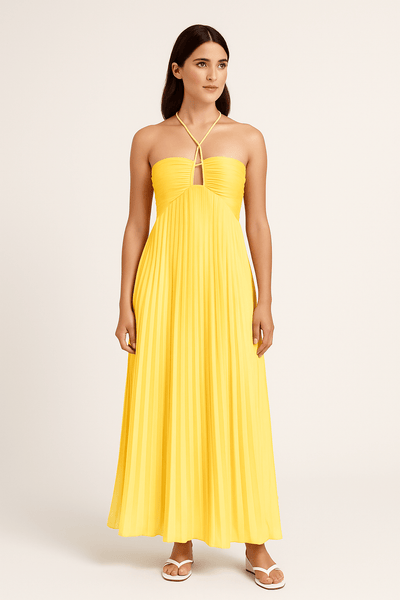 Ashford | Halter Neck Maxi Dress – Pleated Skirt and Bust Cut - Out for Women - Ashford London Clothing