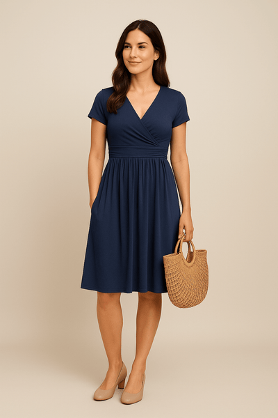 Ashford | Juliet V - Neck Short Sleeve Midi Swing Dress with Pockets - Ashford London Clothing