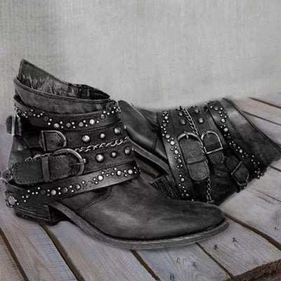 Ashford | Kaida – Women’s PU Leather Ankle Boots with Studded Straps & Chain Detail