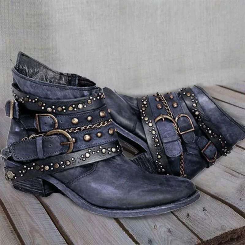Ashford | Kaida – Women’s PU Leather Ankle Boots with Studded Straps & Chain Detail