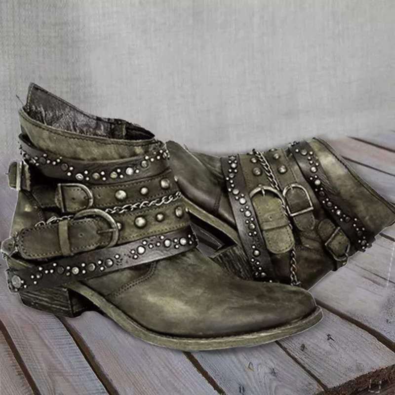 Ashford | Kaida – Women’s PU Leather Ankle Boots with Studded Straps & Chain Detail