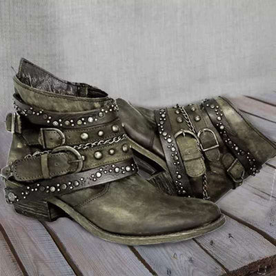Ashford | Kaida – Women’s PU Leather Ankle Boots with Studded Straps & Chain Detail