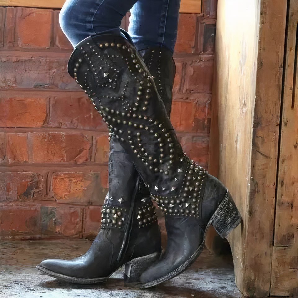 Ashford | Keziah – Women’s Knee-High Boots with Rivets, Thick Heel & Distressed Look