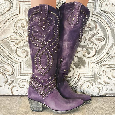 Ashford | Keziah – Women’s Knee-High Boots with Rivets, Thick Heel & Distressed Look