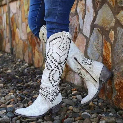 Ashford | Keziah – Women’s Knee-High Boots with Rivets, Thick Heel & Distressed Look